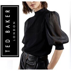 Ted Baker Micaeli Black Organza Puff Sleeve Top Gold Zip Size 2 (M)